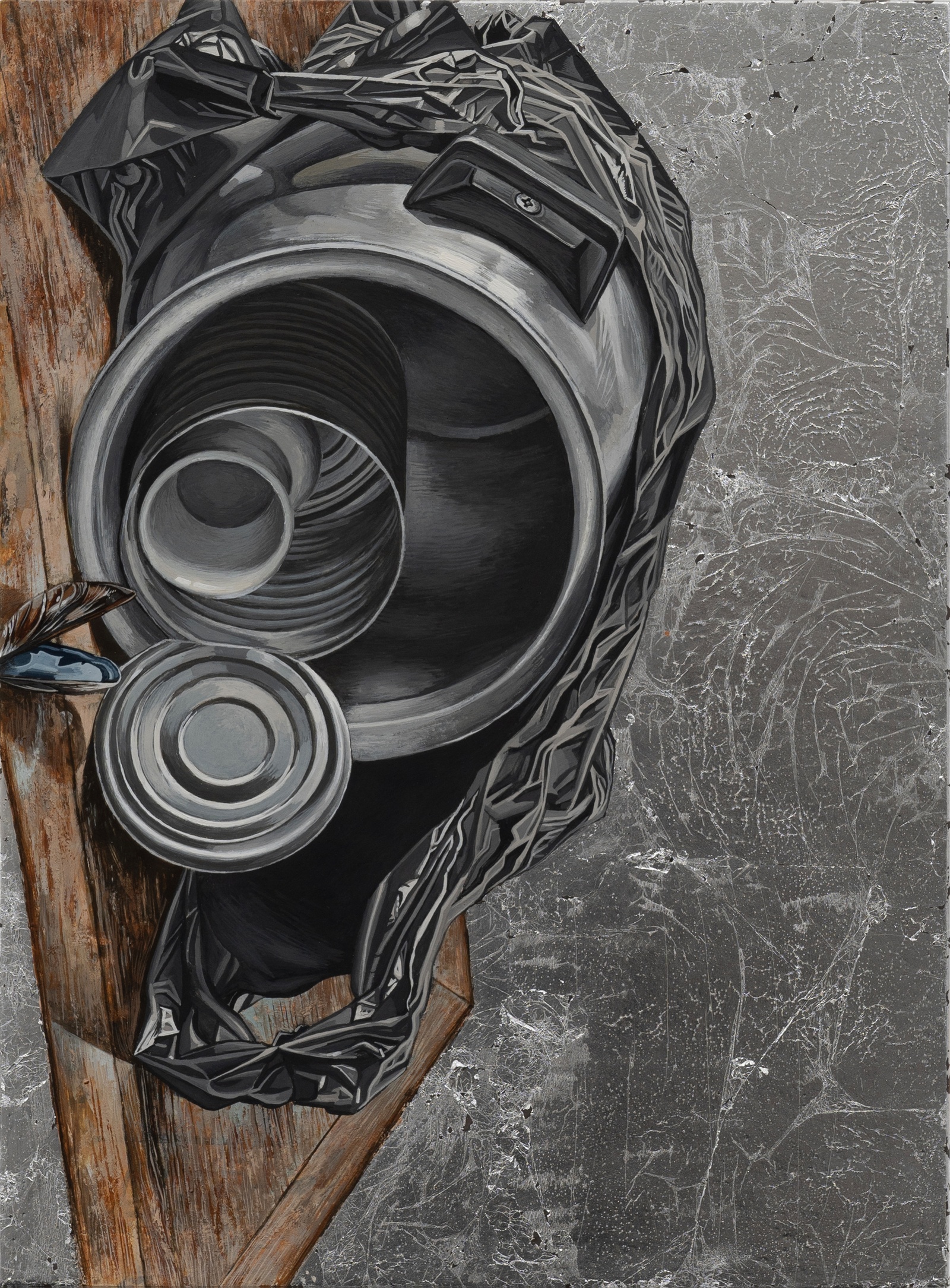 Jannis Marwitzpot can vase can pot mussel, 2024 tempera, wax and leaf aluminium on wood40 x 30 cm | 15 3/4 x 11 3/4 inches