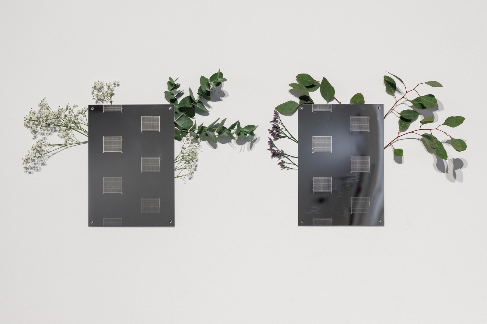 Sung TieuUntitled, 2025Engraving on polished stainless steel, flowers In two parts, overall: 29.7 x 42 x 0.2 cm