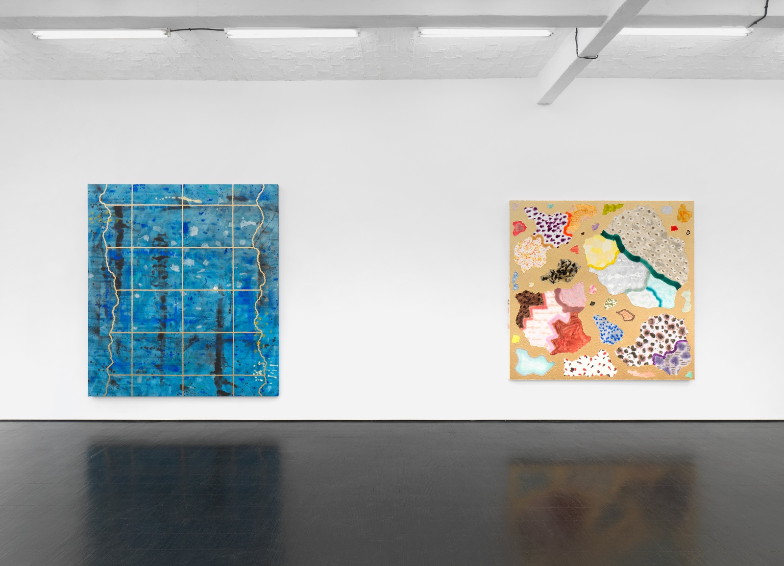 Left: Untitled (#12-24), 2024, oil and spray paint on canvas, 231.1 x 205.7 cm (91 x 81 in)Right: Untitled (#13-24), 2024, oil and spray paint on canvas, 195.6 x 200.6 cm (77 x 79 in)