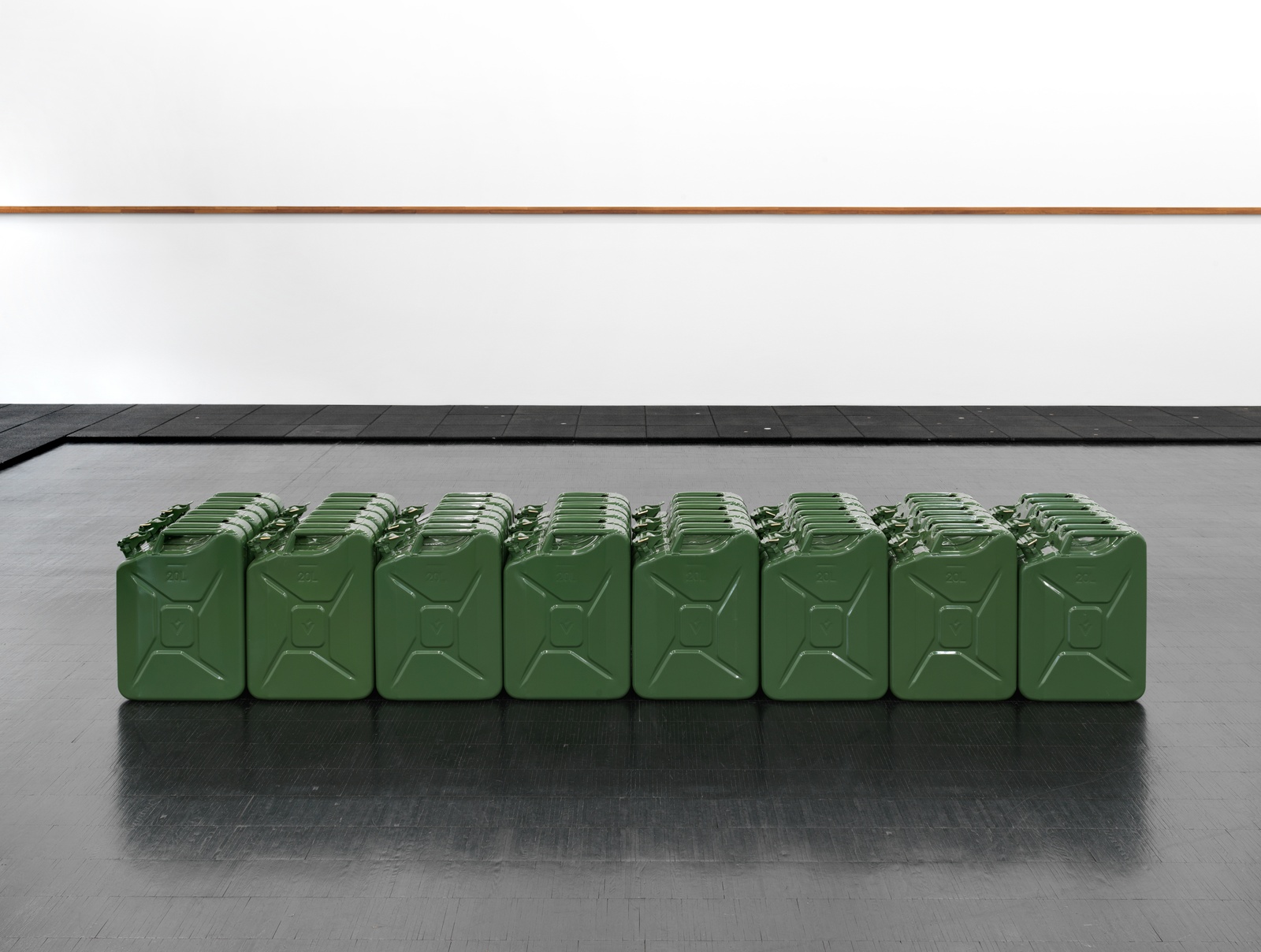 Quốc Monopolô, 202423 gas canisters filled with gasoline, 1 gas canister filled with drugs, printed document, framed47 x 278 x 50 cm | 18 1/2 x 109 1/2 x 19 2/3 in